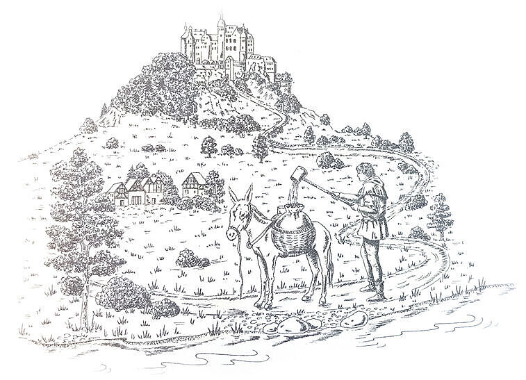 Zeichnung einer Burg auf einem Berg, unten auf einem Weg ein Esel der zum Transport mit Wasser beladen wird. Zeichnung einer Burg auf einem Berg, unten auf einem Weg ein Esel der zum Transport mit Wasser beladen wird.