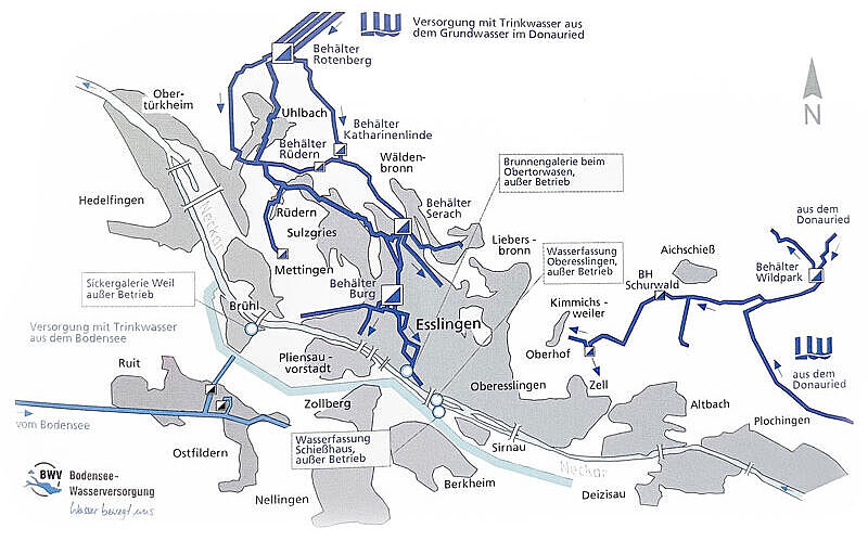 Grafik Trinkwasser aus dem Donauried mit Fassungen, Leitungen und Ortschaften.