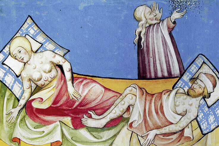 Eine Kranke Frau und ein kranker Mann liegen im Bett, auf Ihrem Körper sind überall Beulen zu sehen