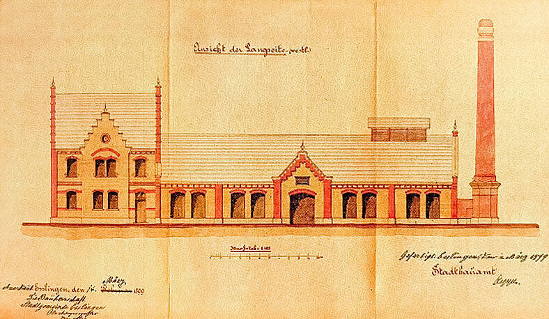 Zeichnung eines Wasserwerks mit Gebäude und Turm Zeichnung eines Wasserwerks mit Gebäude und Turm
