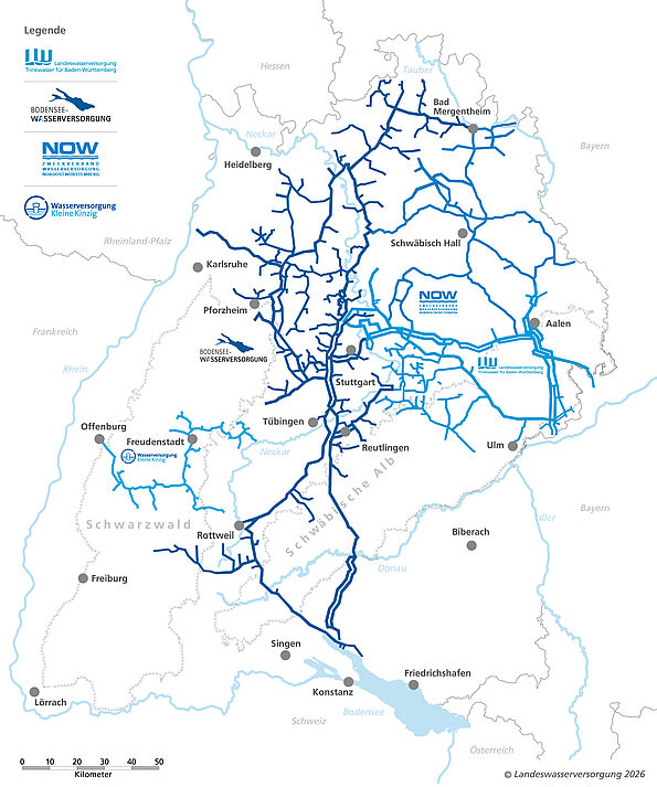 Die LW verteilt das Trinkwasser über drei Hauptleitungen bis nach Stuttgart.