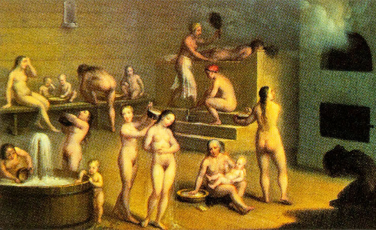 Ein Dampfbad mit verschiedenen Treppenebenen zum sitzen, einem Brunnen und vielen Männern, Frauen und Kindern Ein Dampfbad mit verschiedenen Treppenebenen zum sitzen, einem Brunnen und vielen Männern, Frauen und Kindern