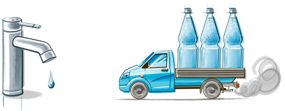 Darstellung der Umweltfreundlichkeit von Hahnenwasser, keine Verpackung oder Transport benötigt.