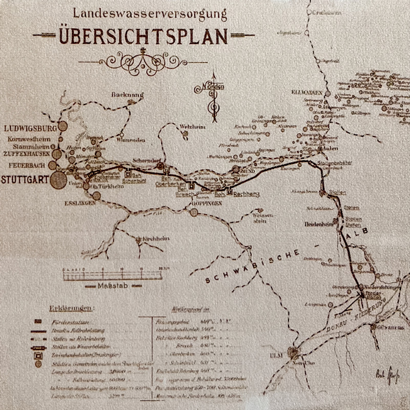 Altes Dokument mit eingezeichneten Anlagen der Landeswasserversorgung