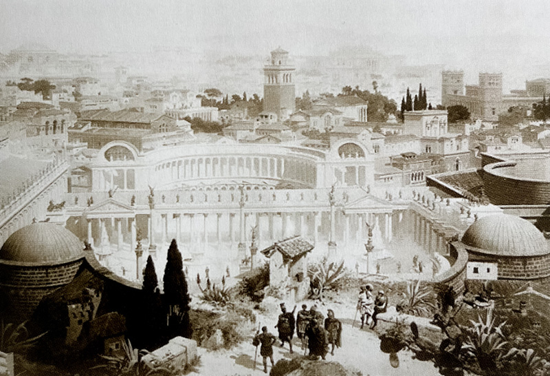 Ansicht der Stadt Rom mit vielen Gebäuden, Zypressen und Römern Ansicht der Stadt Rom mit vielen Gebäuden, Zypressen und Römern