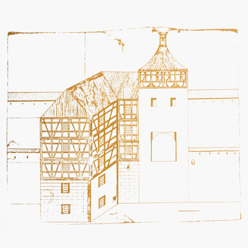Zeichnung eines Brunnenwerkes mit Fachwerkhäusern und Turm