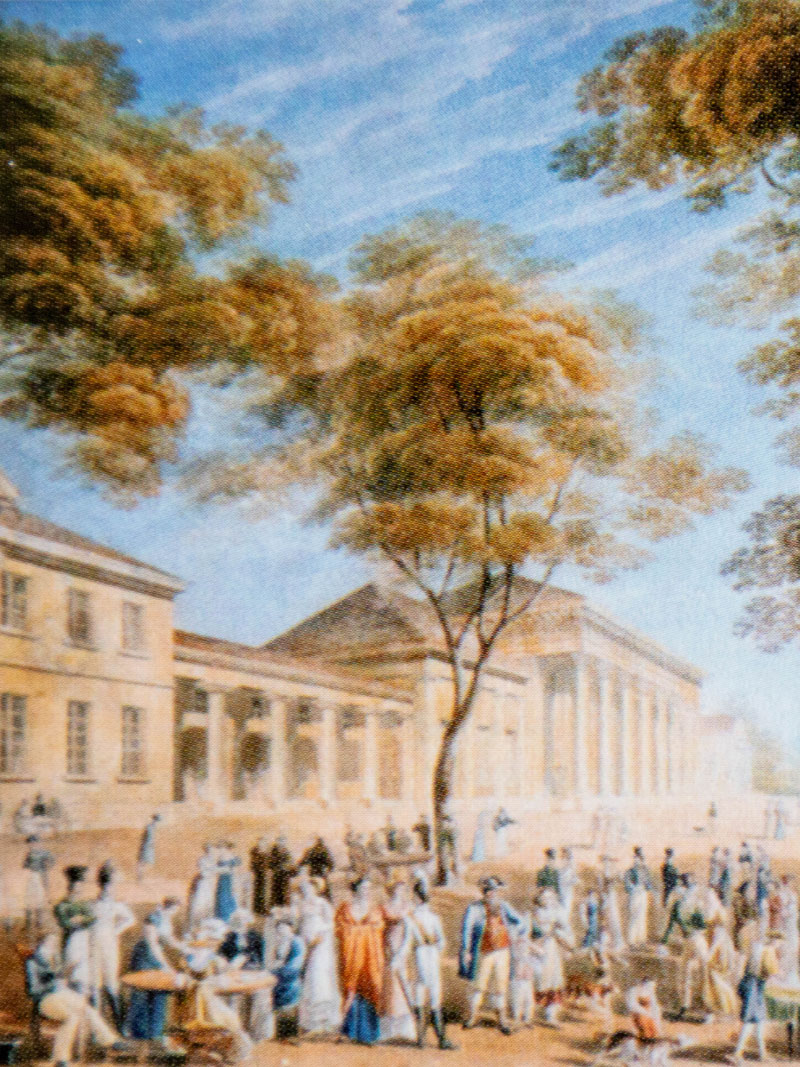 Gemälde vom Kurhaus Baden-Baden, viele Menschen sind versammelt unter großen Bäumen Gemälde vom Kurhaus Baden-Baden, viele Menschen sind versammelt unter großen Bäumen