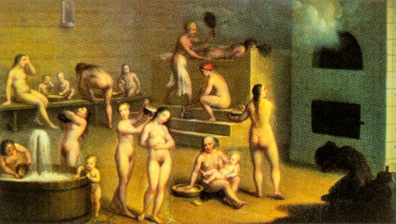 Ein Dampfbad mit verschiedenen Treppenebenen zum sitzen, einem Brunnen und vielen Männern, Frauen und Kindern Ein Dampfbad mit verschiedenen Treppenebenen zum sitzen, einem Brunnen und vielen Männern, Frauen und Kindern
