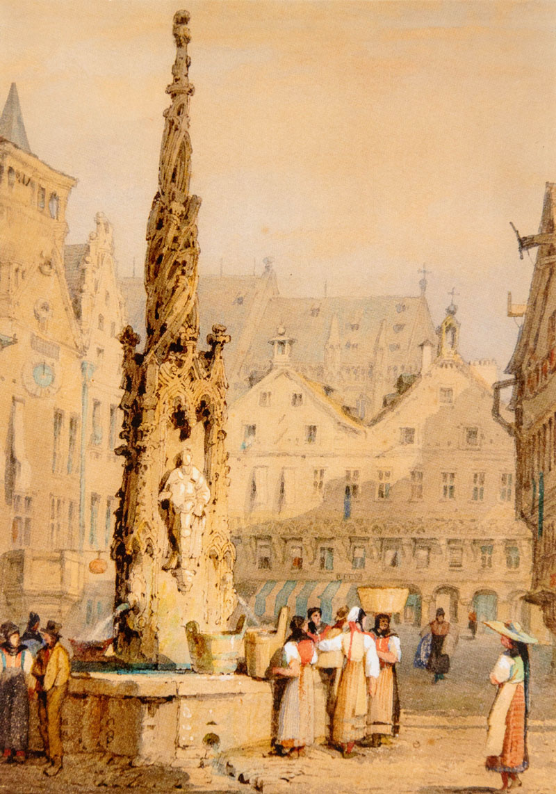 Altes Gemälde von einem Brunnen auf einem Marktplatz, einige Menschen stehen drot mit Holzubern Altes Gemälde von einem Brunnen auf einem Marktplatz, einige Menschen stehen drot mit Holzubern