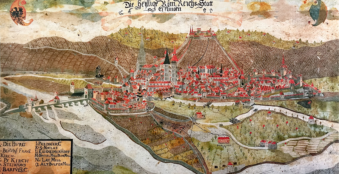 Zeichnung von Esslingen mit Umgebung, Stadt und Burg Zeichnung von Esslingen mit Umgebung, Stadt und Burg