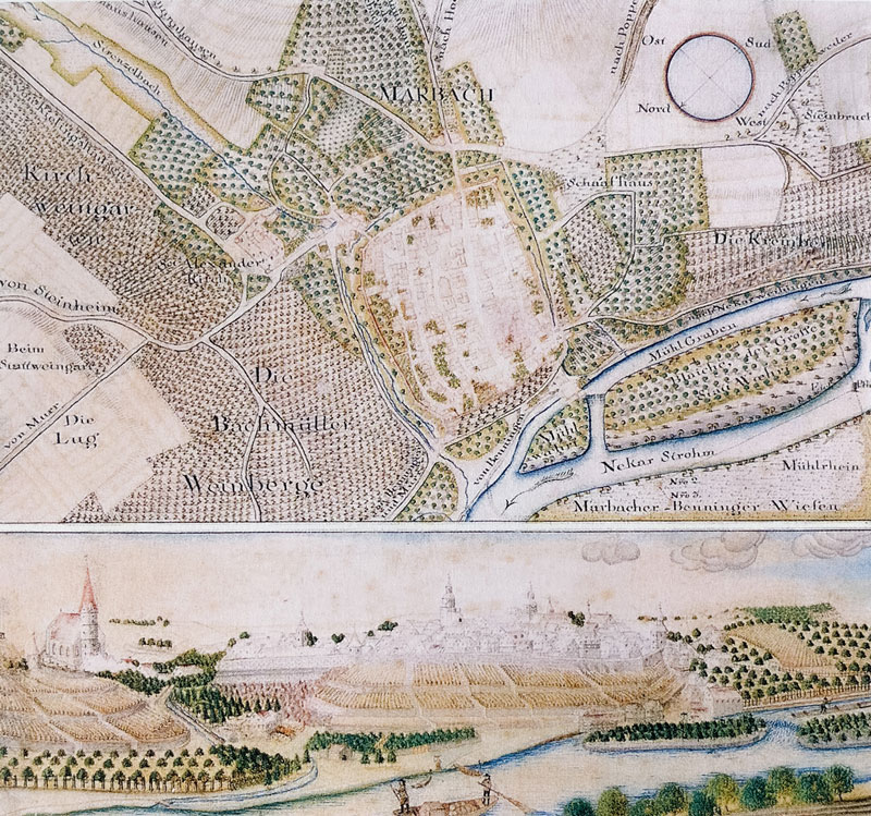 Alte Zeichnung und Karte von Marbach Alte Zeichnung und Karte von Marbach