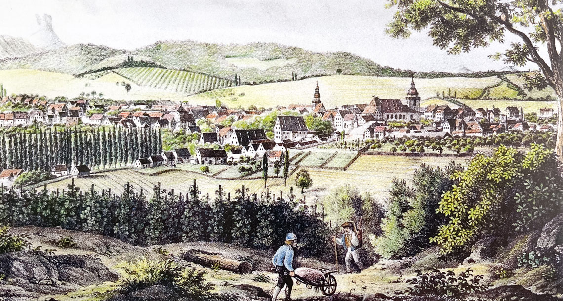 Gemälde von Kircheim mit Umgebung von Weinbergen und Bauern Gemälde von Kircheim mit Umgebung von Weinbergen und Bauern