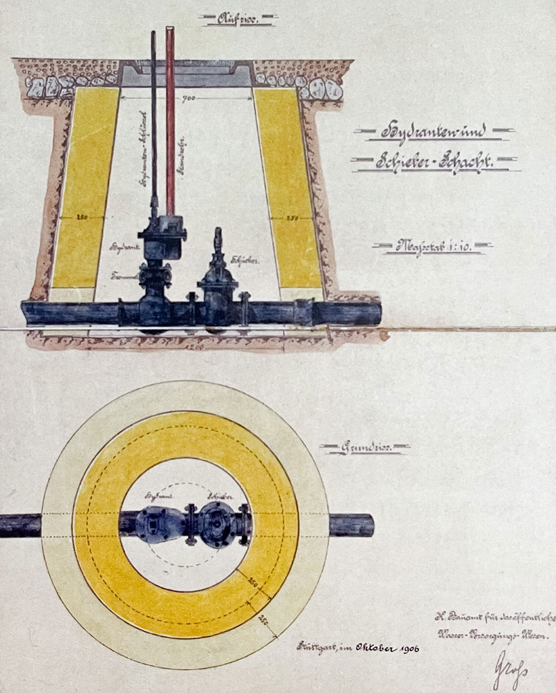 Eine alte Zeichnung eines Schacht-Hydranten Eine alte Zeichnung eines Schacht-Hydranten