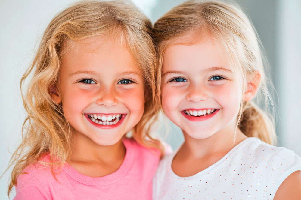 Zwei blonde Mädchen mit strahlend weißen Zähnen, die in die Kamera lächeln. Zwei blonde Mädchen mit strahlend weißen Zähnen, die in die Kamera lächeln.